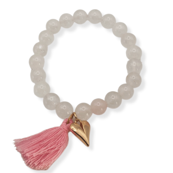 Rose Quartz Beaded Bracelet with Gold Heart Charm & Light Pink Tassel