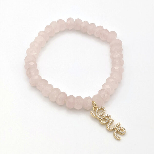 Rose Quartz Faceted Rondelle Beads With Cubic Zirconia Crystal 'Love' Charm