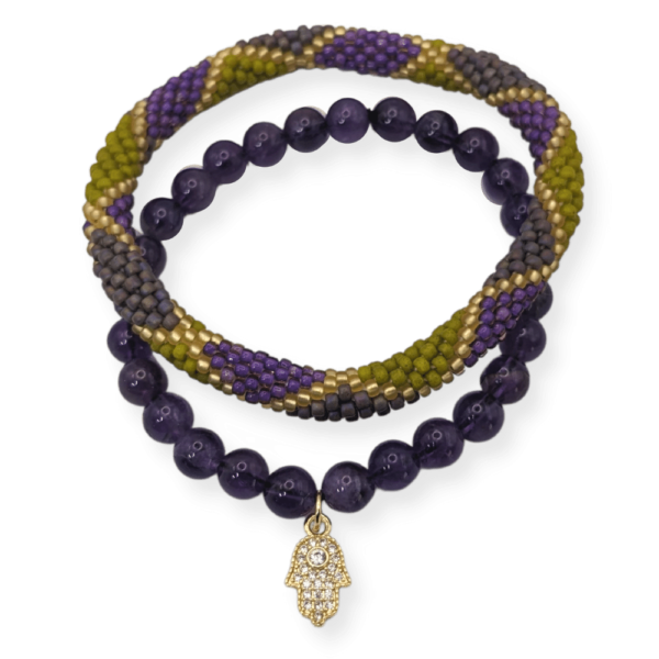 Amethyst Bracelet with Hamsa Charm and Beaded Bangle 2-Piece Set