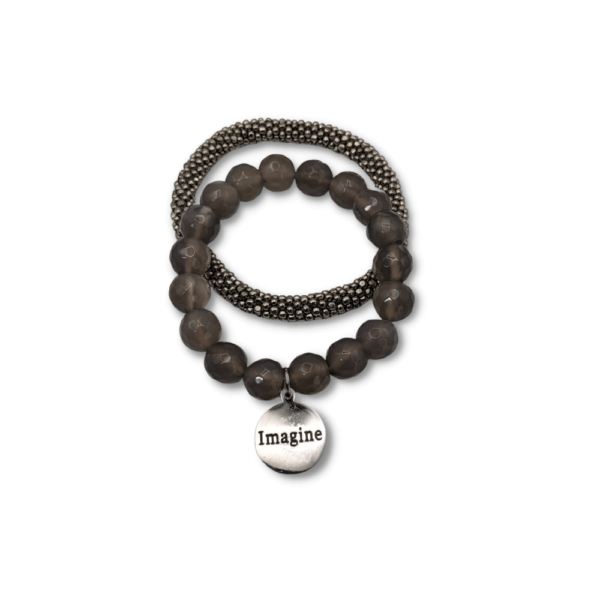 Gray Chalcedony Faceted Bracelet with Silver Imagine Charm and Beaded Bangle