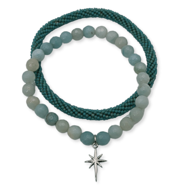 Amazonite Beaded Stone Bracelet with Silver North Star Charm 2-Piece Bracelet Set