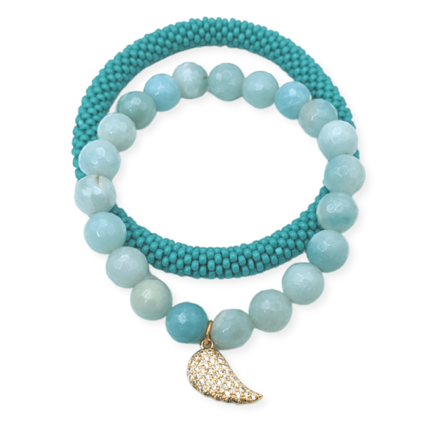 Amazonite Aqua Blue Faceted Beads with Gold Cubic Zirconia Angel Wing and Beaded Bangle Set