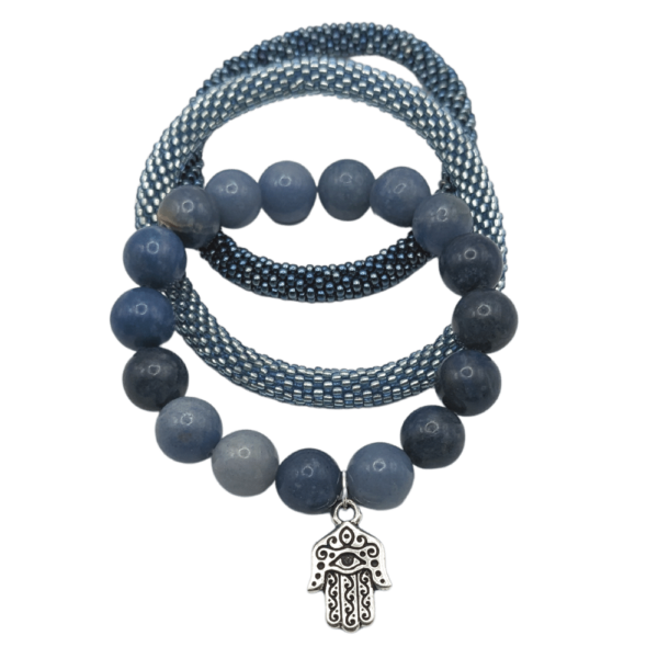 Blue Aventurine Stone Bracelet with Silver Hamsa Charm and Two Beaded Bangles