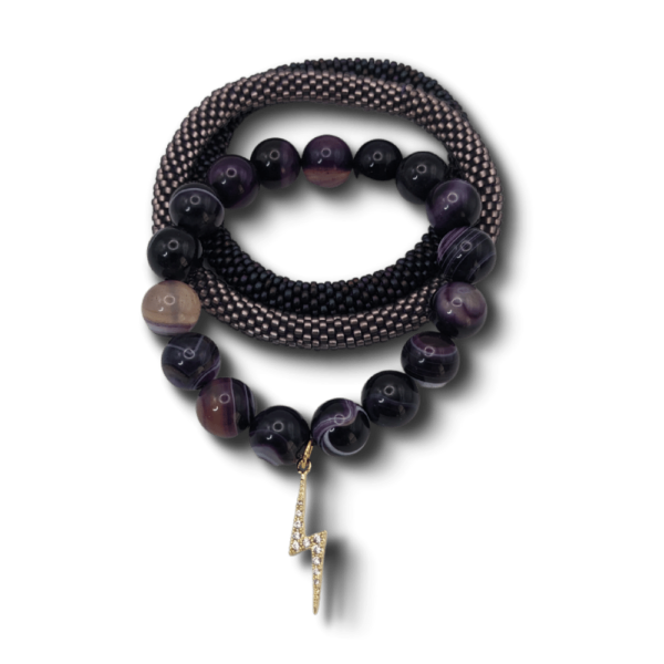 Purple Stripe Agate with Gold Cubic Zirconia Lightening Bolt Charm and Two Beaded Bangles