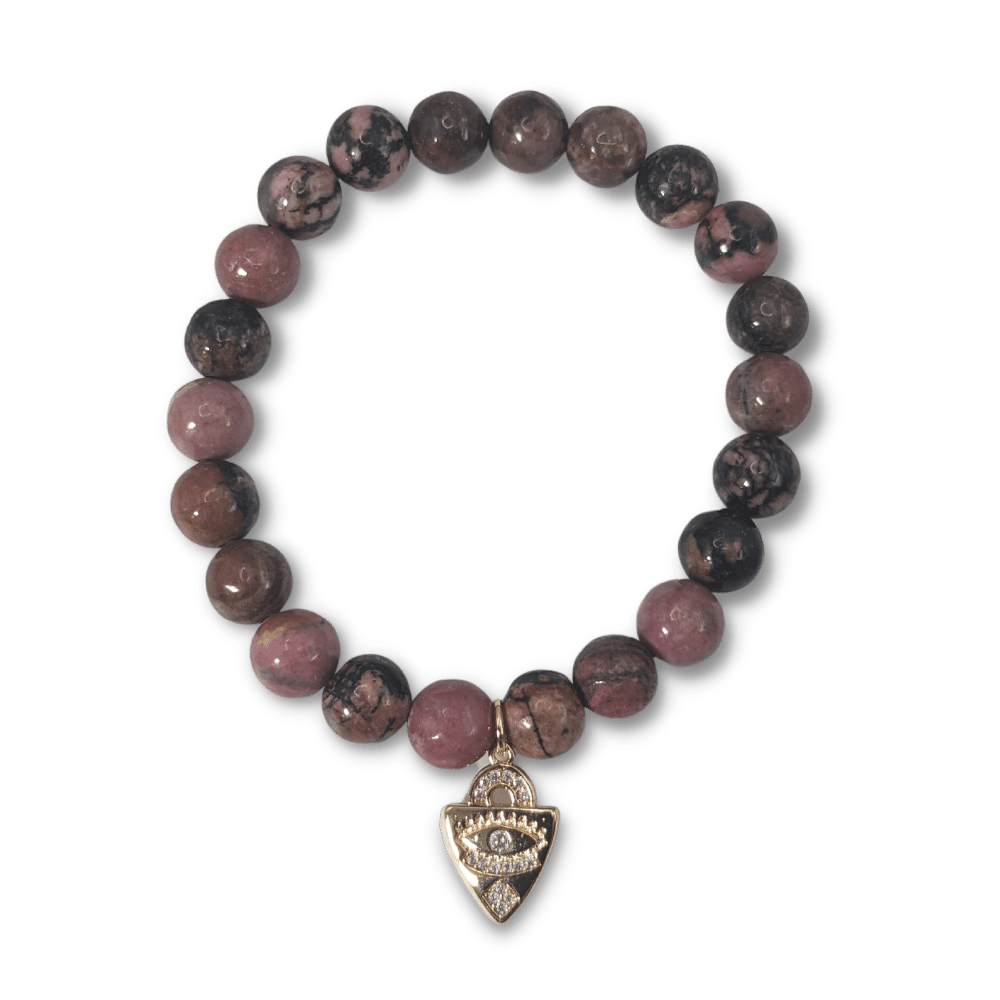 rhodonite_bead_bracelet_gold_triangle_shield_charm