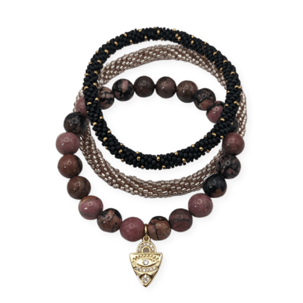 Rhodonite Bracelet with Evil Eye Charm and Beaded Bangles