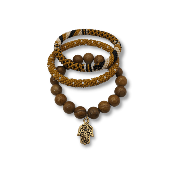 Wood Jasper Bead Bracelet with Gold Hamsa Charm and Two Beaded Bangles