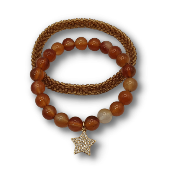 Carnelian Agate with Gold CZ Star Charm and Beaded Bangle