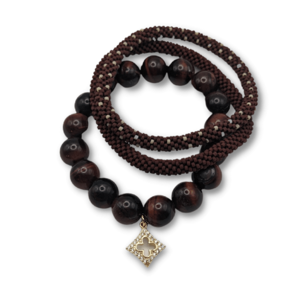 Red Tiger's Eye Bead Bracelet with Gold Quatrefoil Charm and Two Beaded Bangles