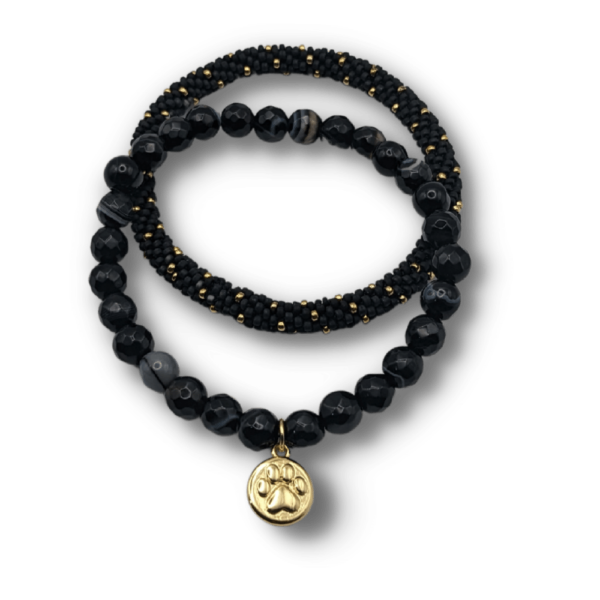 Black Stripe Agate Faceted Bracelet with a Gold Dog Paw Charm and a Beaded Bangle