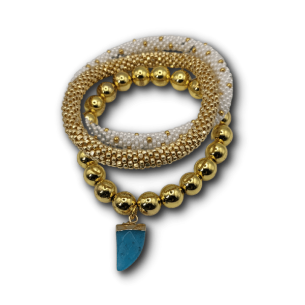 Gold Hematite Bracelet with Turquoise Horn Charm and Two Beaded Bangles