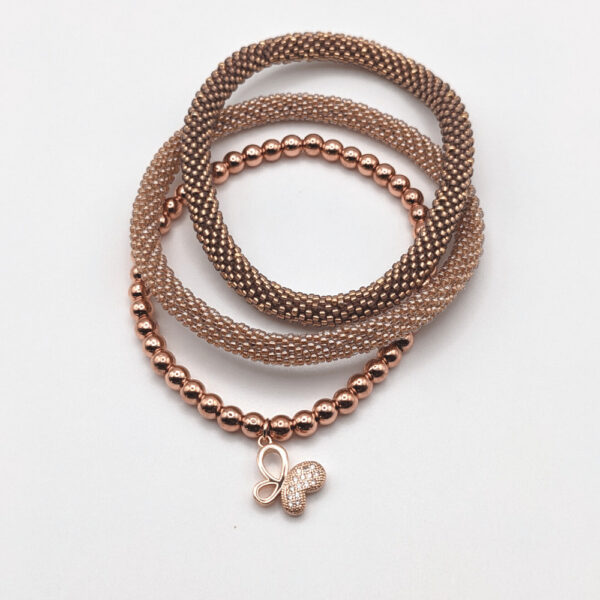 Rose Gold Hematite Bracelet with Rose Gold CZ Butterfly Charm and Two Beaded Bangles