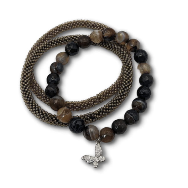 Brown Stripe Agate Bracelet with Silver CZ Butterfly Charm and Two Beaded Bangles