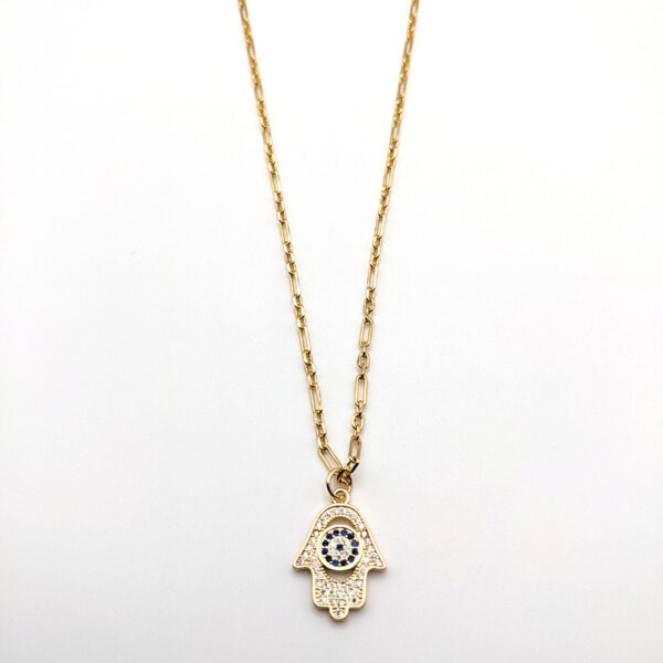 Gold Filled Rolo Chain with Cubic Zirconia Hamsa Charm