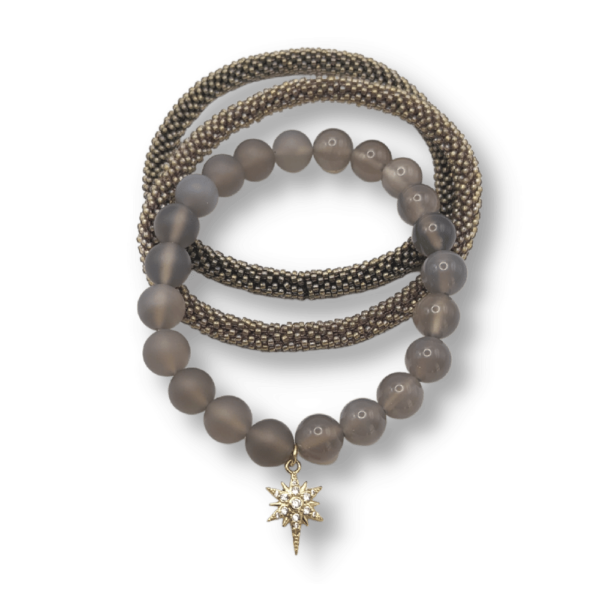 Gray Chalcedony Stone Bracelet with Gold Cubic Zirconia North Star Charm and Two Beaded Bangles