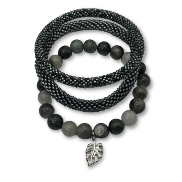 Green Rutilated Quartz with Silver Leaf Charm and Two Beaded Bangles