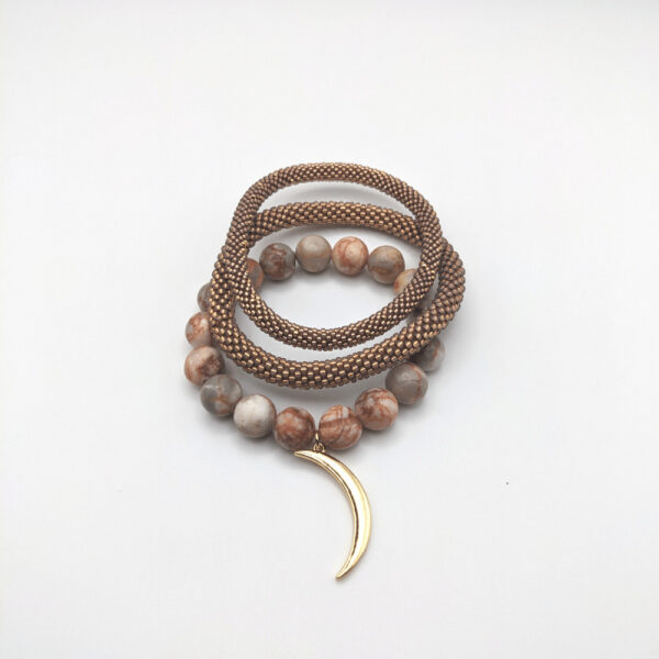 Red Vein Jasper Bracelet with Gold Crescent Moon Charm and Two Beaded Bangles