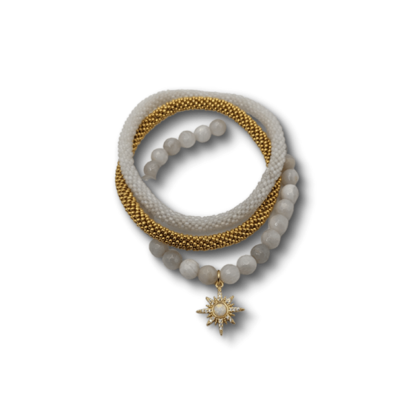 White Lace Agate Faceted with Opal North Star Charm and Beaded Bangles