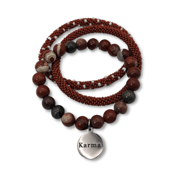 White Lace Red Jasper Bracelet with Silver Karma Charm and Two Beaded Bangles
