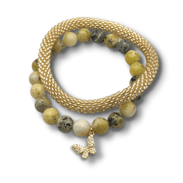 Yellow Turquoise Bead Bracelet with Gold CZ Butterfly Charm and a Beaded Bangle