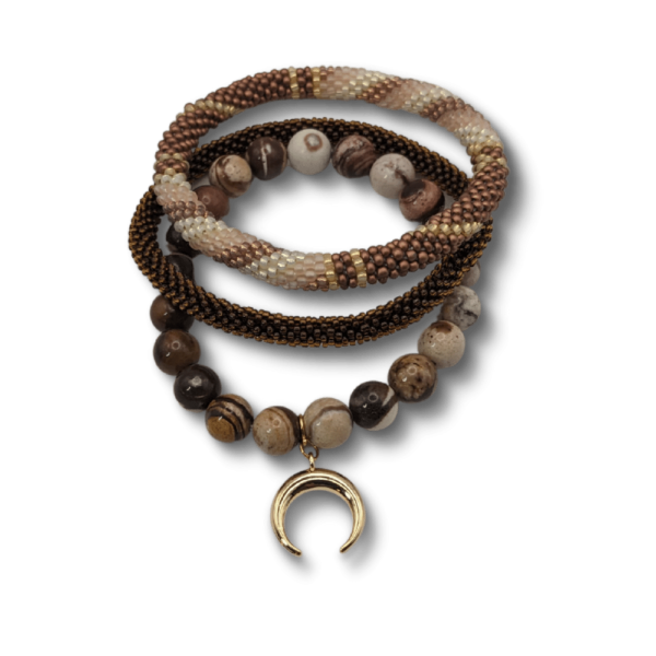 Zebra Jasper beads with Gold Crescent Charm and Two Beaded Bangles